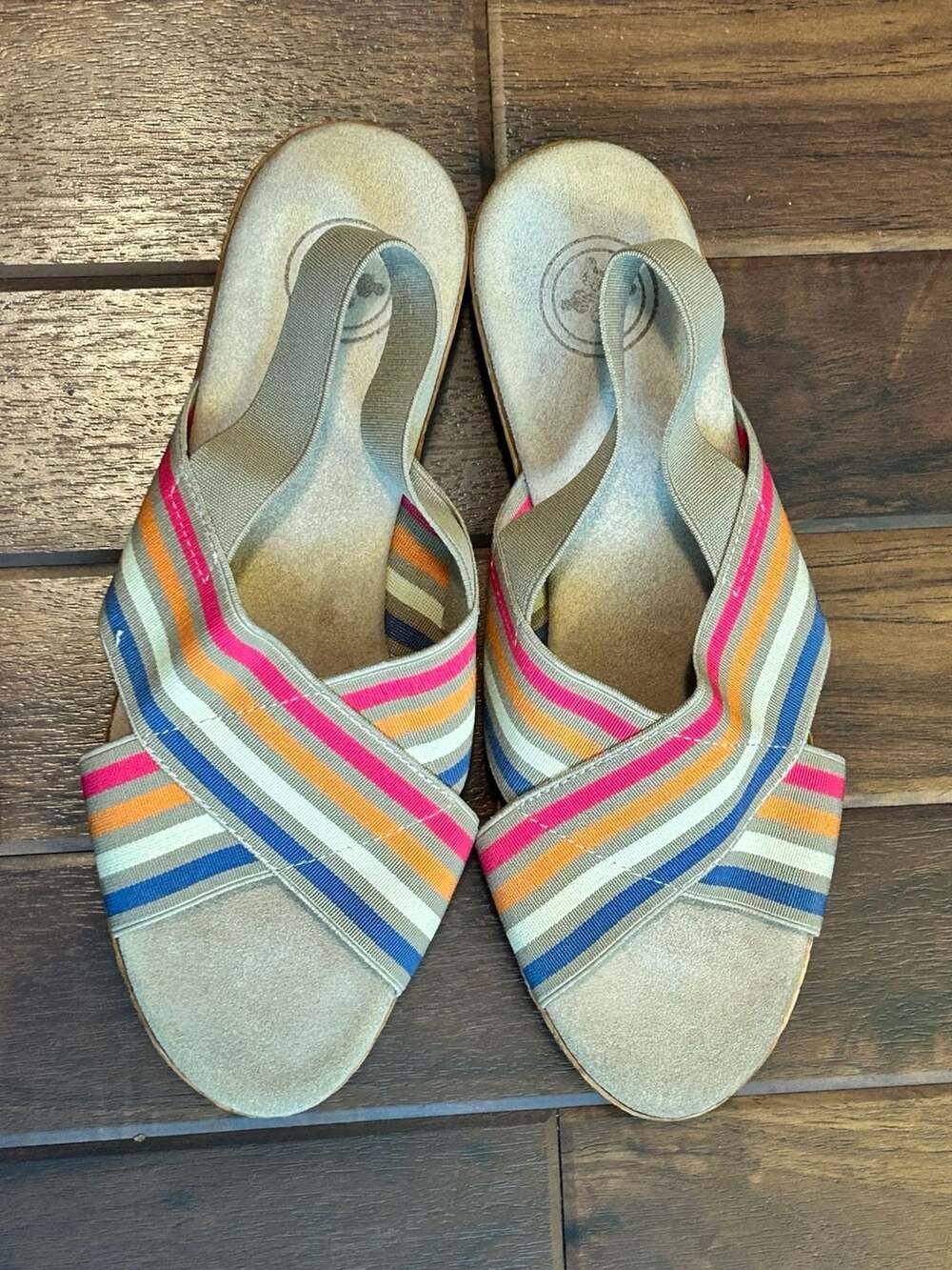 Charleston Shoe Co. Atlantic Stripe Elastic Cross-Strap Wedge Sandals Resort - Picture 3 of 15
